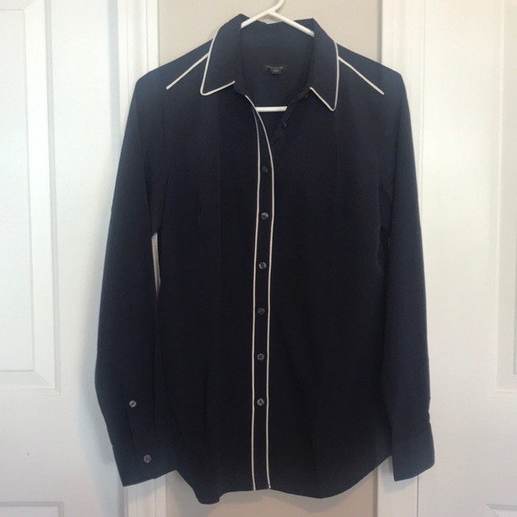 Ann Taylor navy and white silky button down blouse - Picture 1 of 8